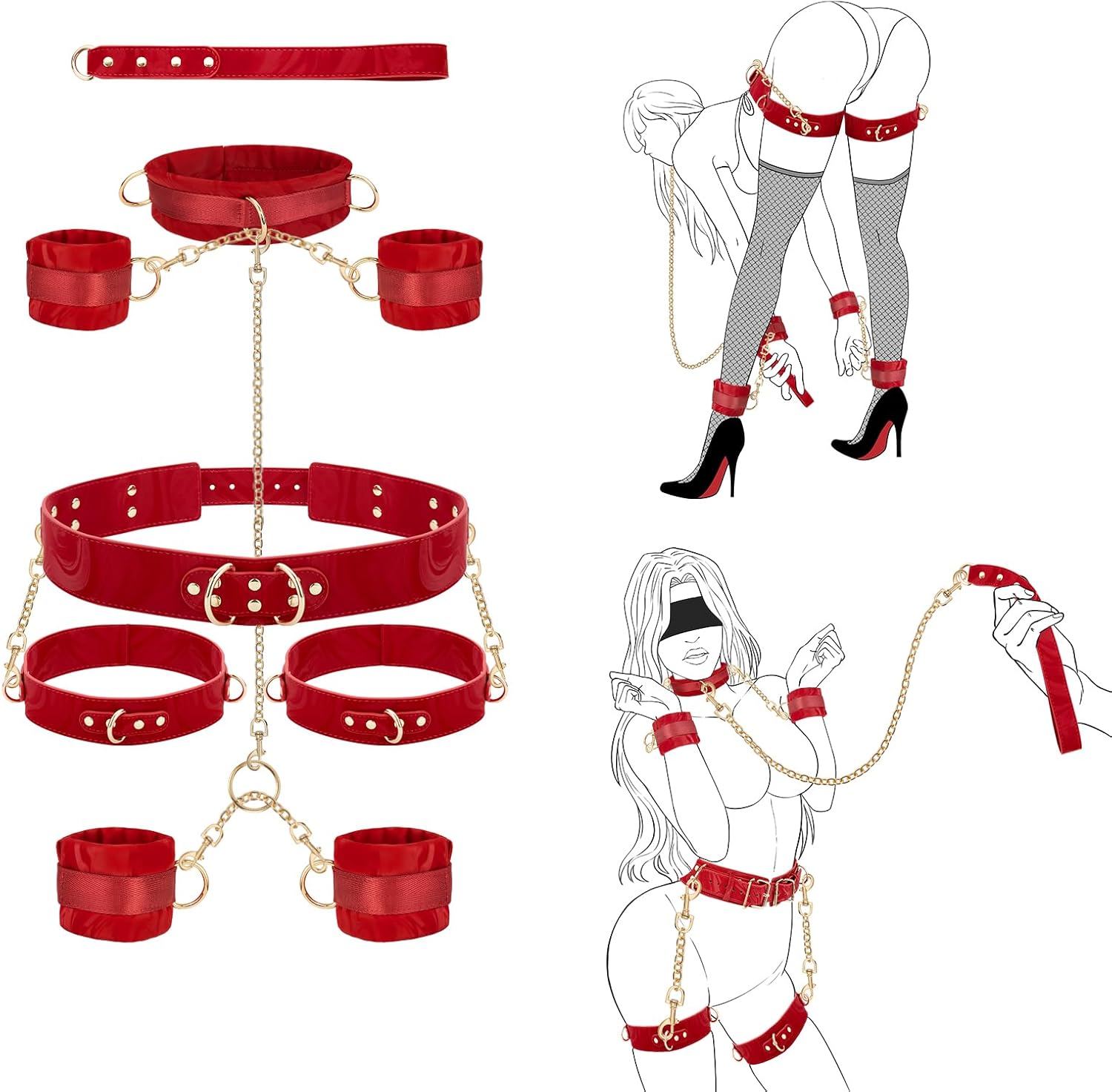 7-Piece Bondage & Restraint Set – Adjustable Neck, Wrist, Ankle & Thigh Cuffs with Straps for Couples in Pakistan