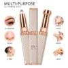 A 2-in-1 rose gold and cream diamond-textured electric hair remover kit. The image shows three views of the device: one with the precision eyebrow/nose trimmer head, one closed with the cap, and one with the rounded facial/body shaver head. Surrounding circles illustrate usage for eyebrows, nose, ears, face, arms, and legs.